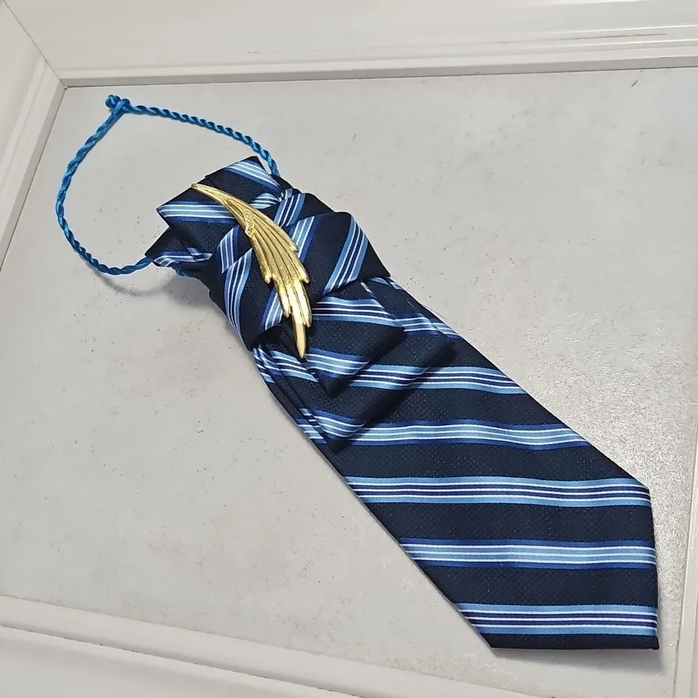 Elegant Blue Striped Statement Necklace Tie with Gold Accent